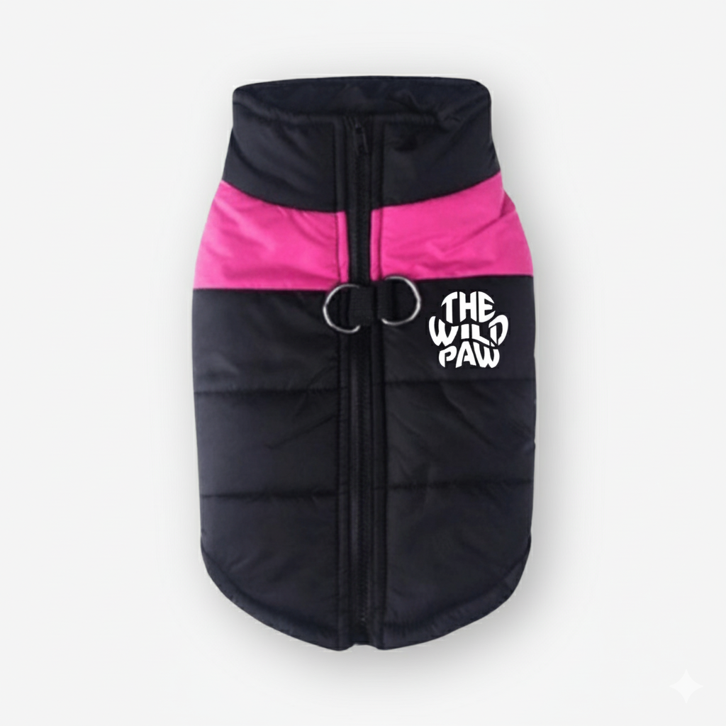 The Wild Paw dog wilderness vest in black and pink with front zipper for outdoor adventures