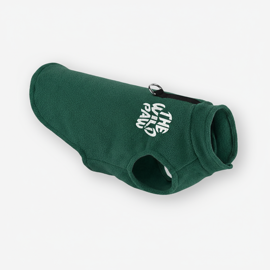 The Wild Paw fleece dog sweater in green, designed for warmth and comfort for your pet