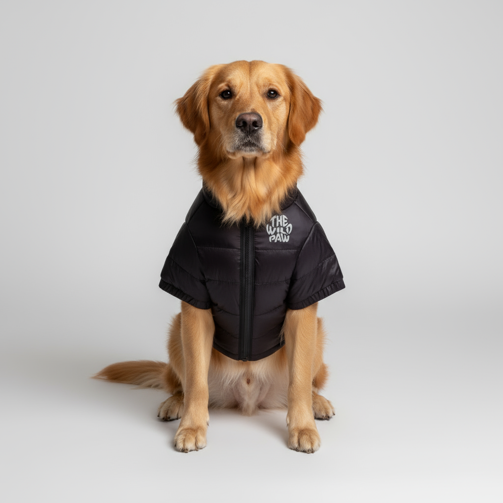 Golden Retriever wearing The Wild Paw insulated dog jacket for warmth and comfort