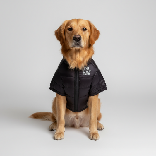 Golden Retriever wearing The Wild Paw insulated dog jacket for warmth and comfort
