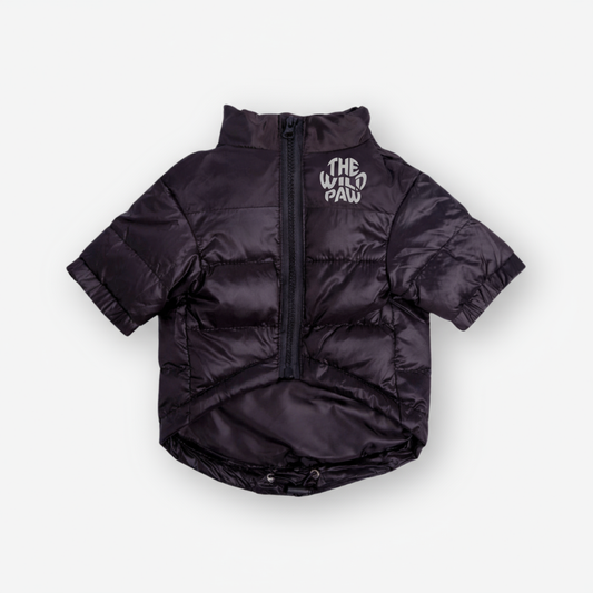 The Wild Paw insulated dog jacket in black with a zippered front for warmth and comfort