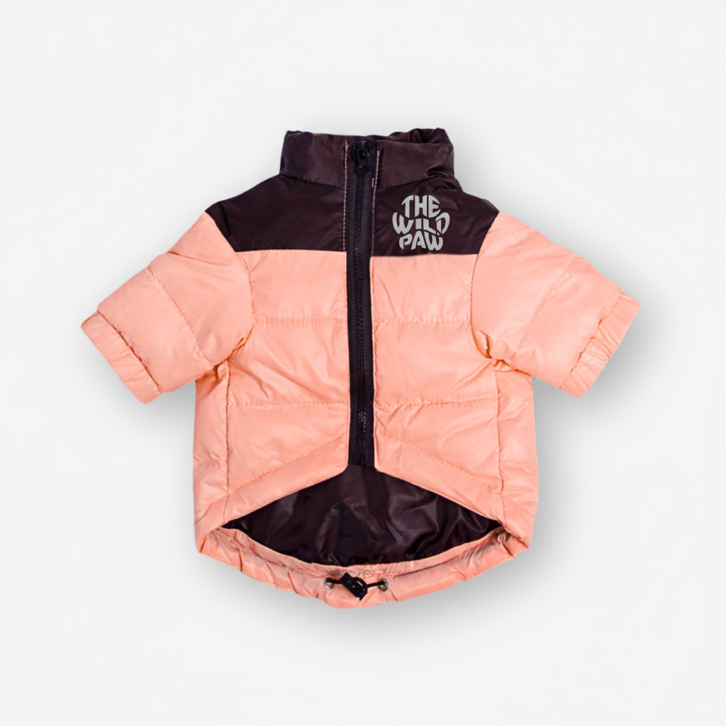 The Wild Paw insulated dog jacket in peach and brown with short sleeves for cold weather protection