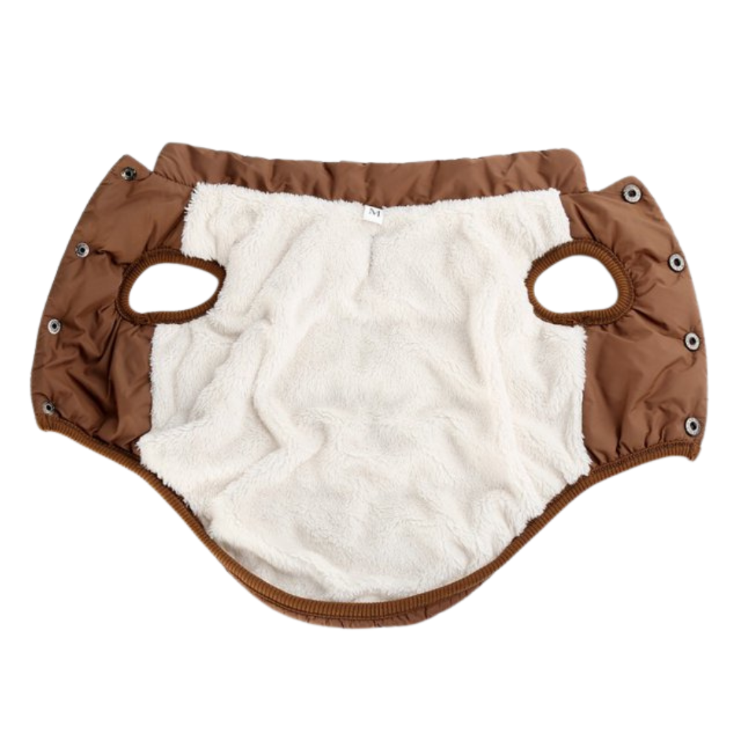 Brown luxury pet coat with soft lining and snap buttons for easy wear and comfort