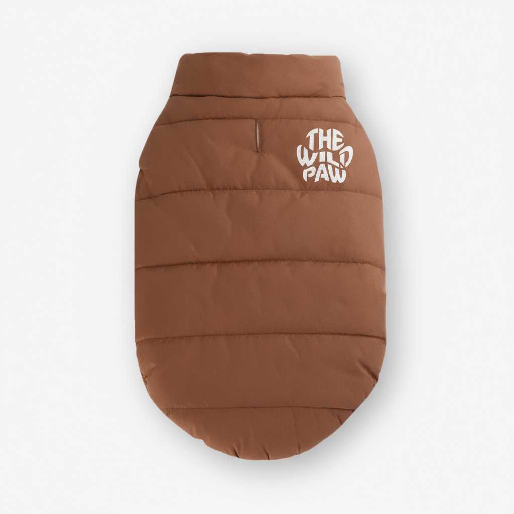 The Wild Paw luxury pet coat in brown with a stylish padded design for ultimate comfort
