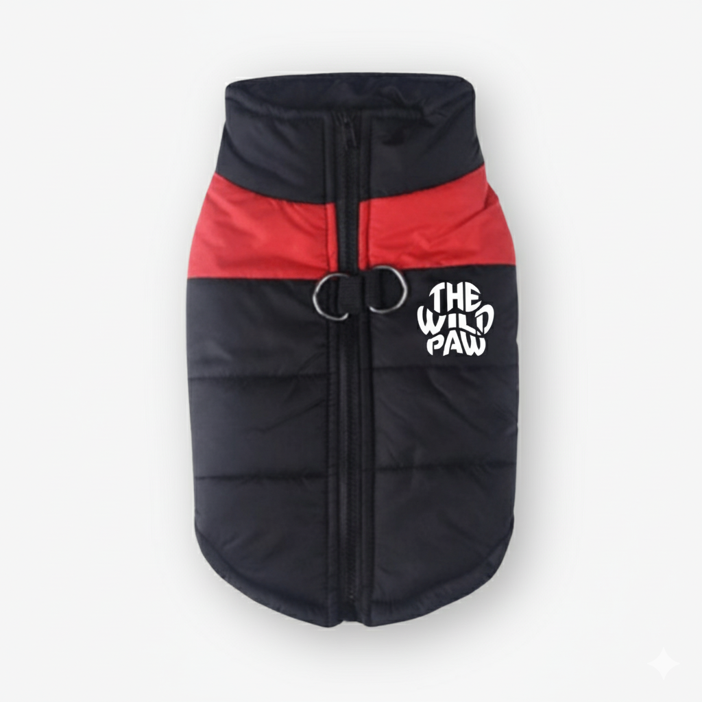The Wild Paw wilderness dog vest in black and red with a zippered front for outdoor adventures