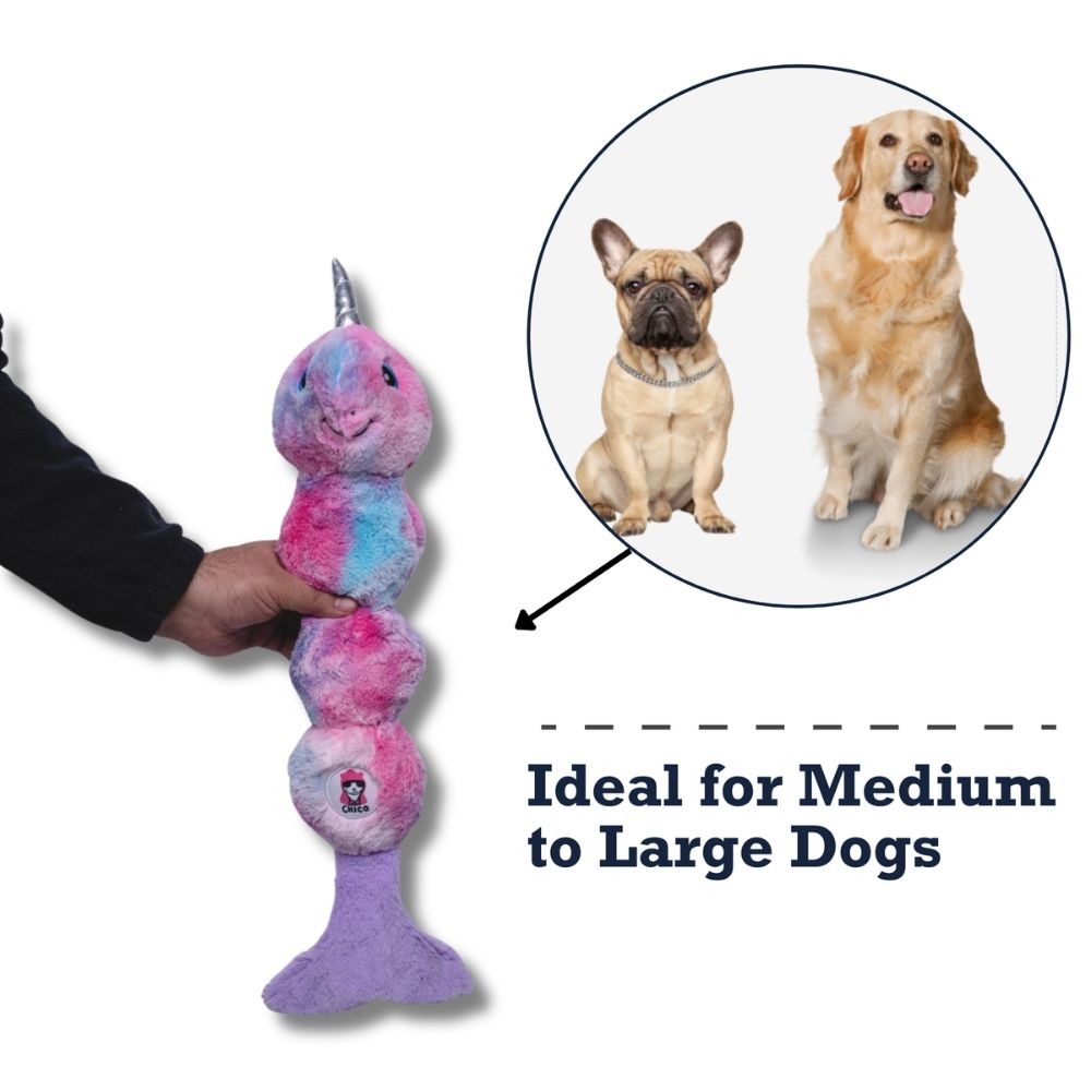 Tie Dye Skinny Narwhal Magical Creature Plush Dog Toy – with