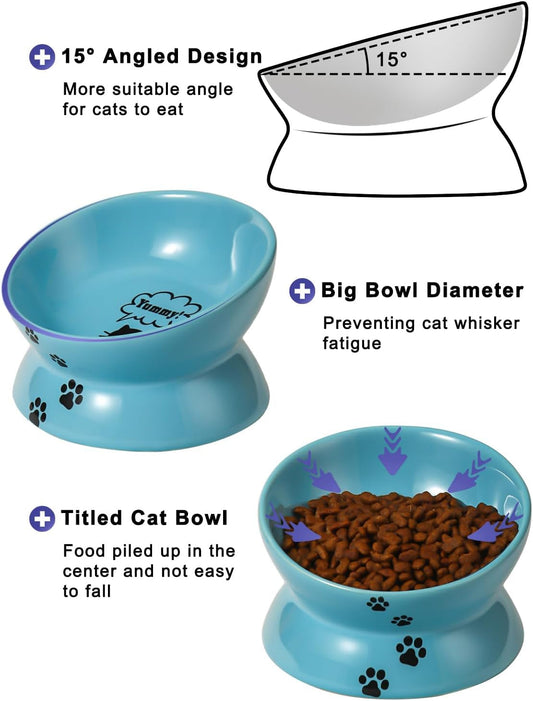 Elevated tilted cat bowl for neck protection with 15 degree angle design to prevent whisker fatigue