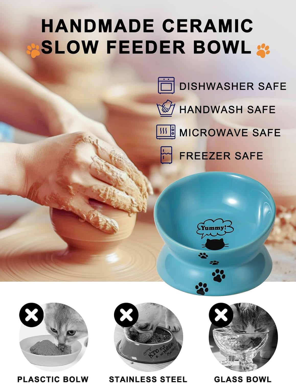 Purrfect Pet Kingdom handmade ceramic tilted cat bowl for neck protection with slow feeder design