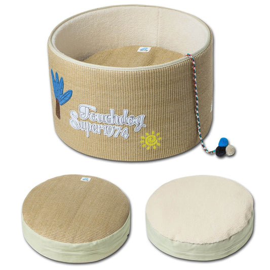 Purrfect Pet Kingdom beige cat scratcher and bed combo with removable cushions and attached toy