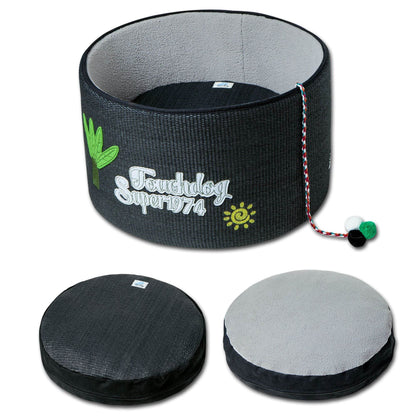 Purrfect Pet Kingdom black cat scratcher and bed combo with soft gray cushion and attached toy