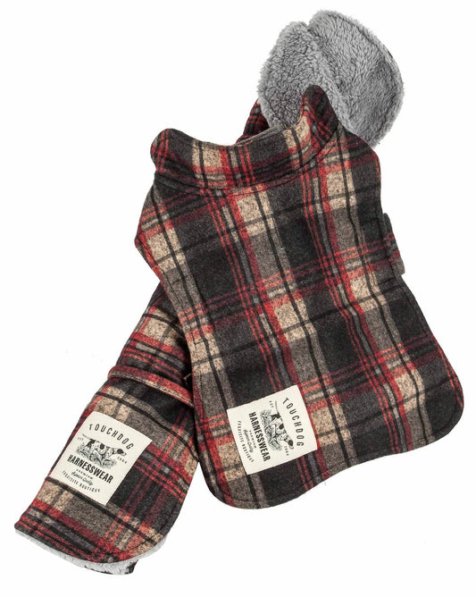 Purrfect Pet Kingdom dog travel mat and jacket combo in red and gray plaid with soft gray lining