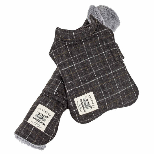 Purrfect Pet Kingdom warm winter dog jacket in dark plaid with soft fleece lining