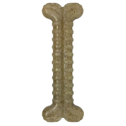 SodaPup tan speckled nylon dog bone toy with a ribbed center shaft for durable chewing.
