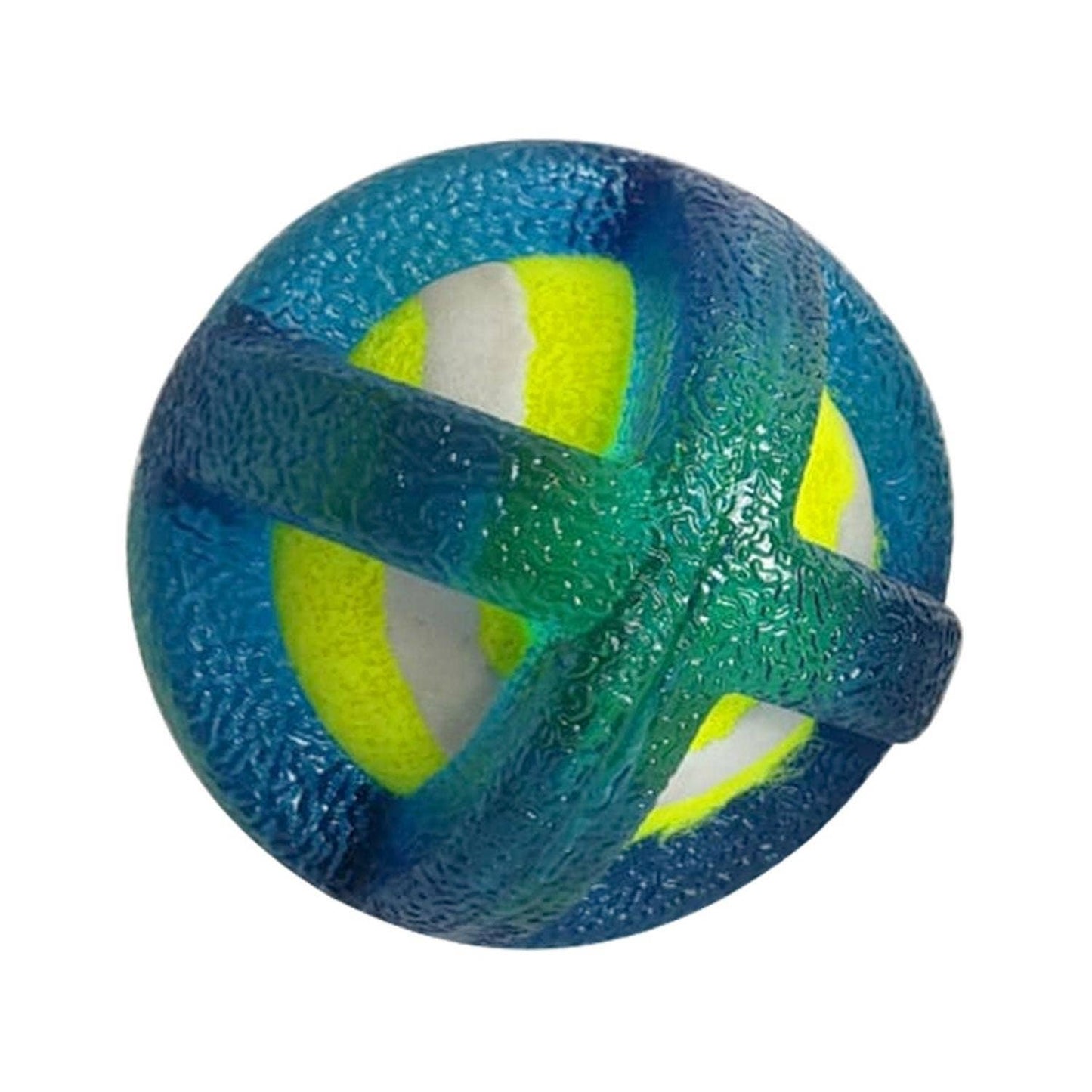 TPR-coated dog fetch toy in blue and green with a soft interior for outdoor fun