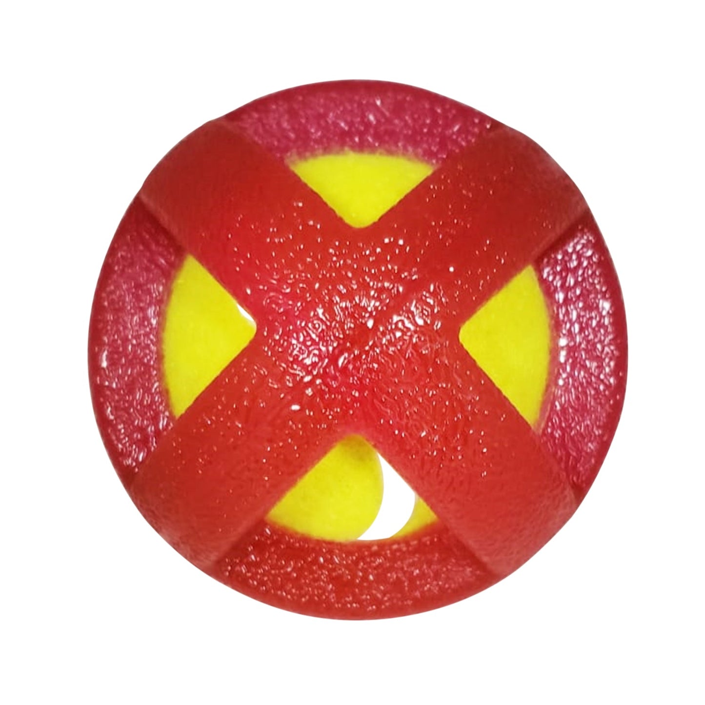 TPR-coated dog fetch toy in red and yellow for durable outdoor play