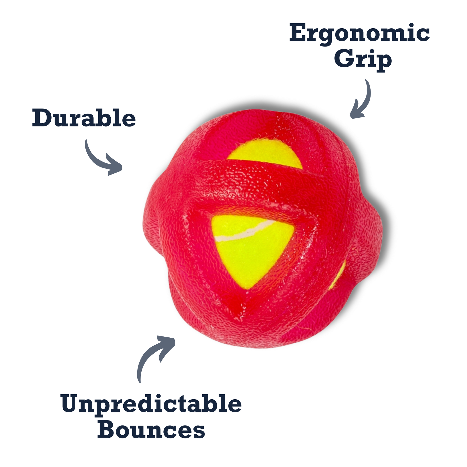 TPR-coated dog fetch toy with ergonomic grip and unpredictable bounces for hours of playtime