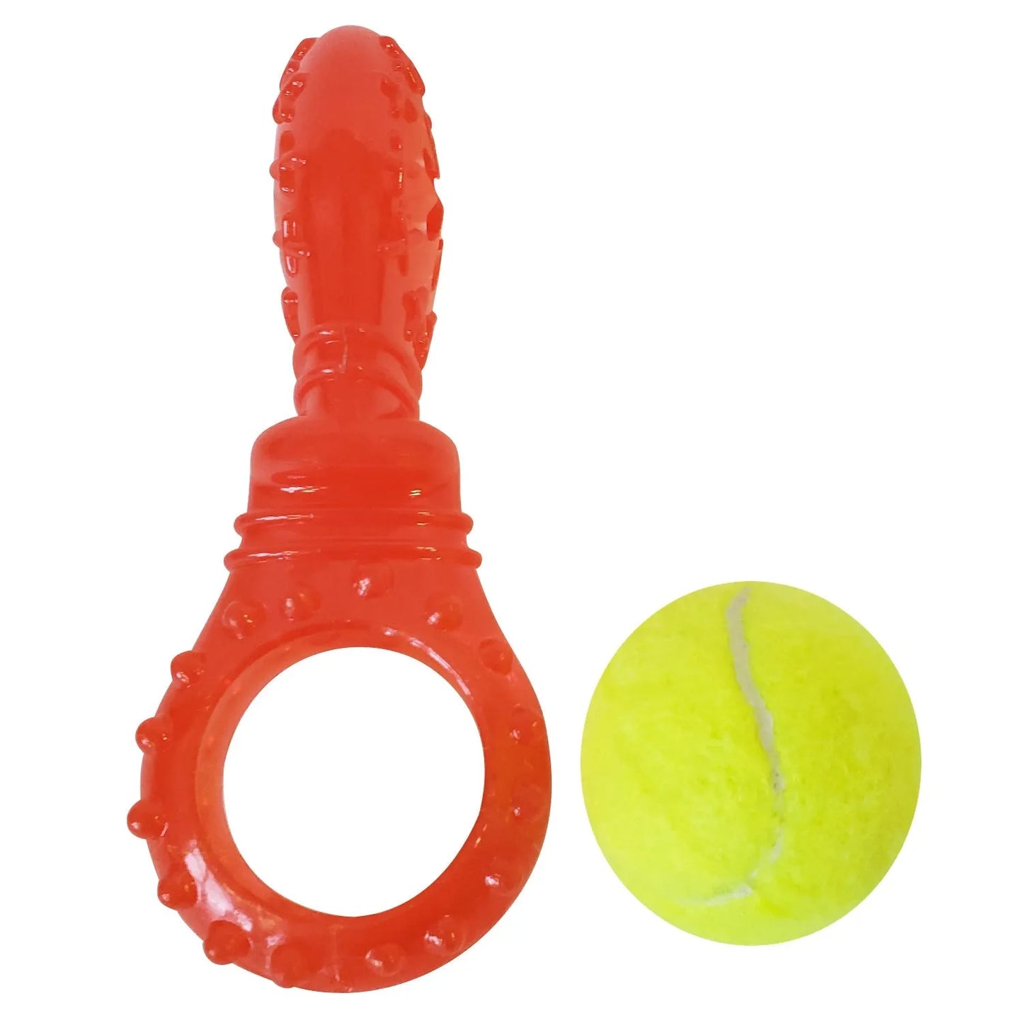 TPR Interactive Dog Chew Toy by Purrfect Pet Kingdom, featuring a detachable squeaker and treat, priced at $12.99.