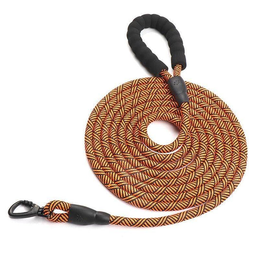 Purrfect Pet Kingdom trail dog leash for hiking with orange and black braided rope and padded handle