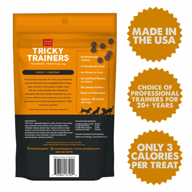 Tricky Trainers Soft and Chewy Cheddar Dog Treats by Purrfect Pet Kingdom, 5.0oz, featuring a vibrant yellow packaging.