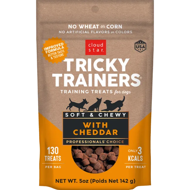 Tricky Trainers Soft and Chewy Cheddar Dog Treats by The Family Pet, 5.0oz size, featuring a vibrant yellow packaging.