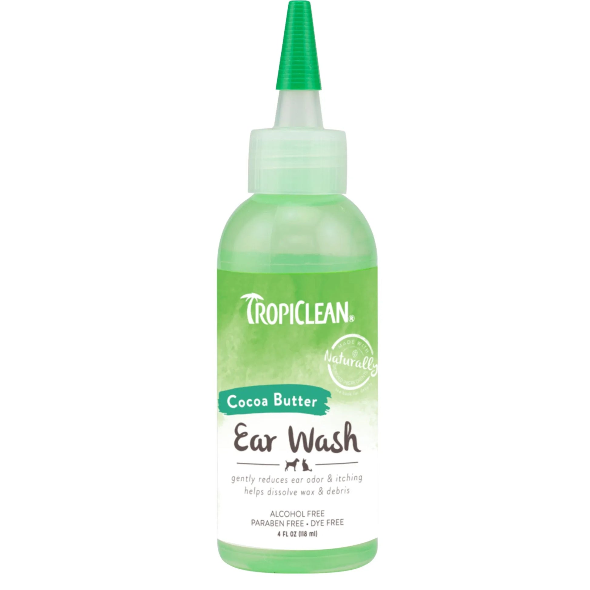 Tropiclean Alcohol Free Pet Ear Wash by The Family Pet, 4oz bottle, perfect for pet grooming, gentle and safe for ears.