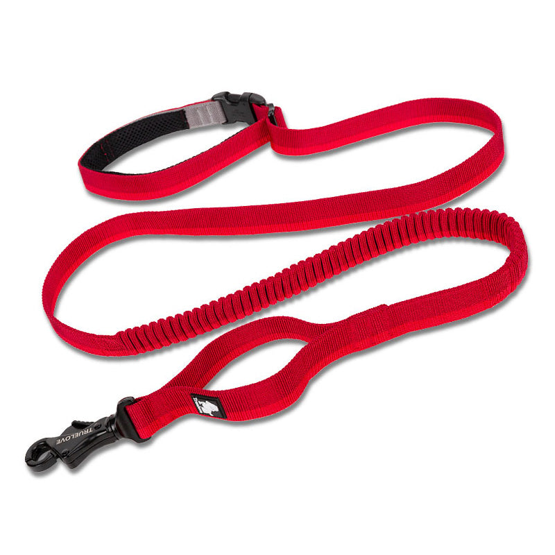 Red shock absorbing dog leash with elastic padding for extra comfort and control during walks