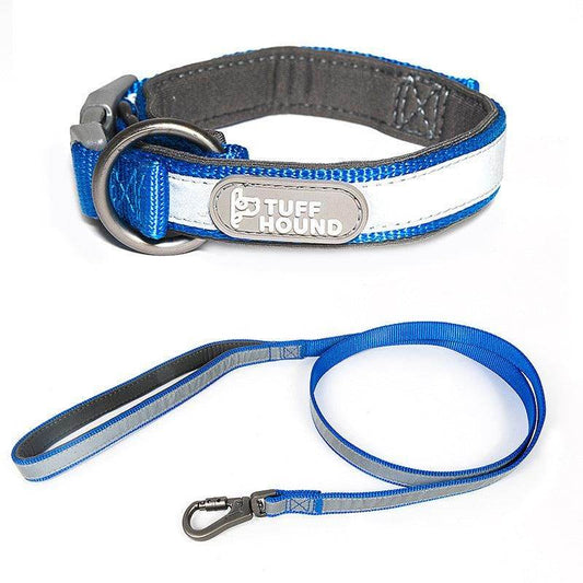 Stylish reflective pet collar and matching leash set in blue with adjustable buckle and metal clasp