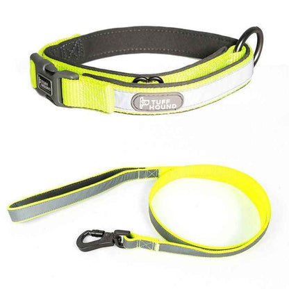 Stylish reflective pet collar in bright yellow with padded inner lining and matching leash set