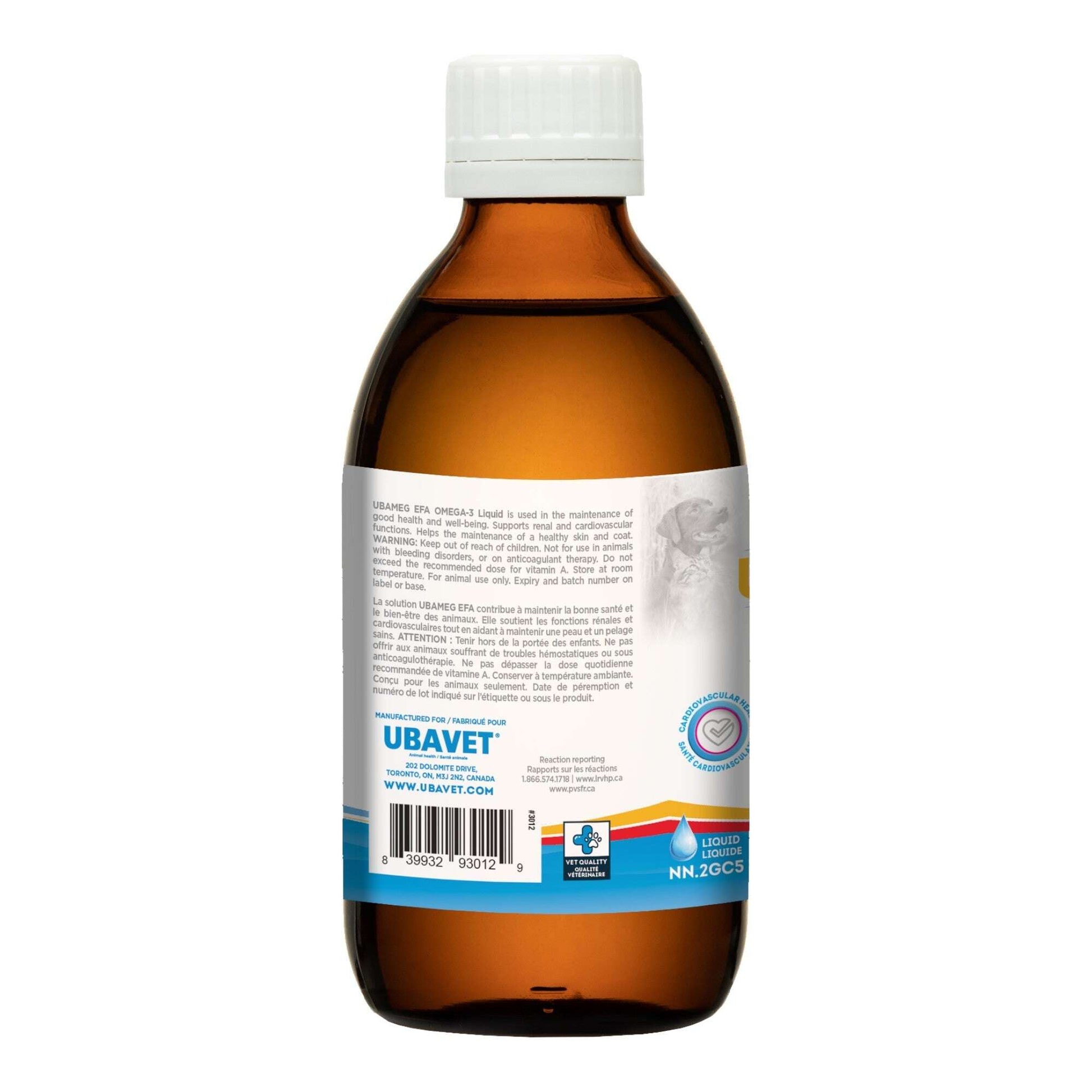 UBAVET omega-3 liquid for dogs in a brown bottle with a white cap for pet health support