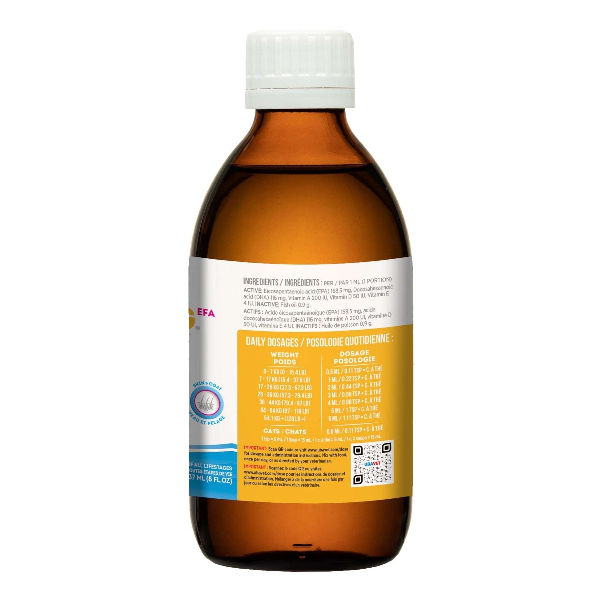 UBAVET omega-3 liquid for dogs in a brown bottle with dosage instructions on the label