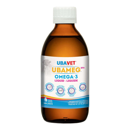 UBAVET omega-3 liquid for dogs in a brown bottle for healthy skin and coat