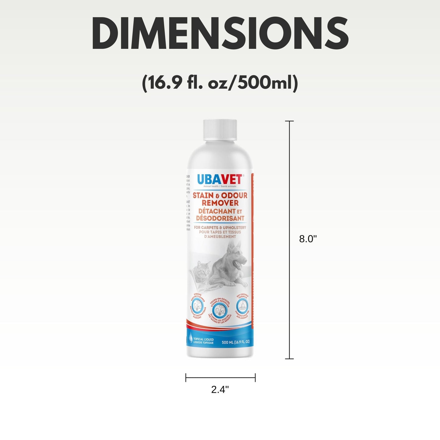 UBAVET stain remover for pets in a 16.9 fl oz bottle with dimensions for effective odor elimination