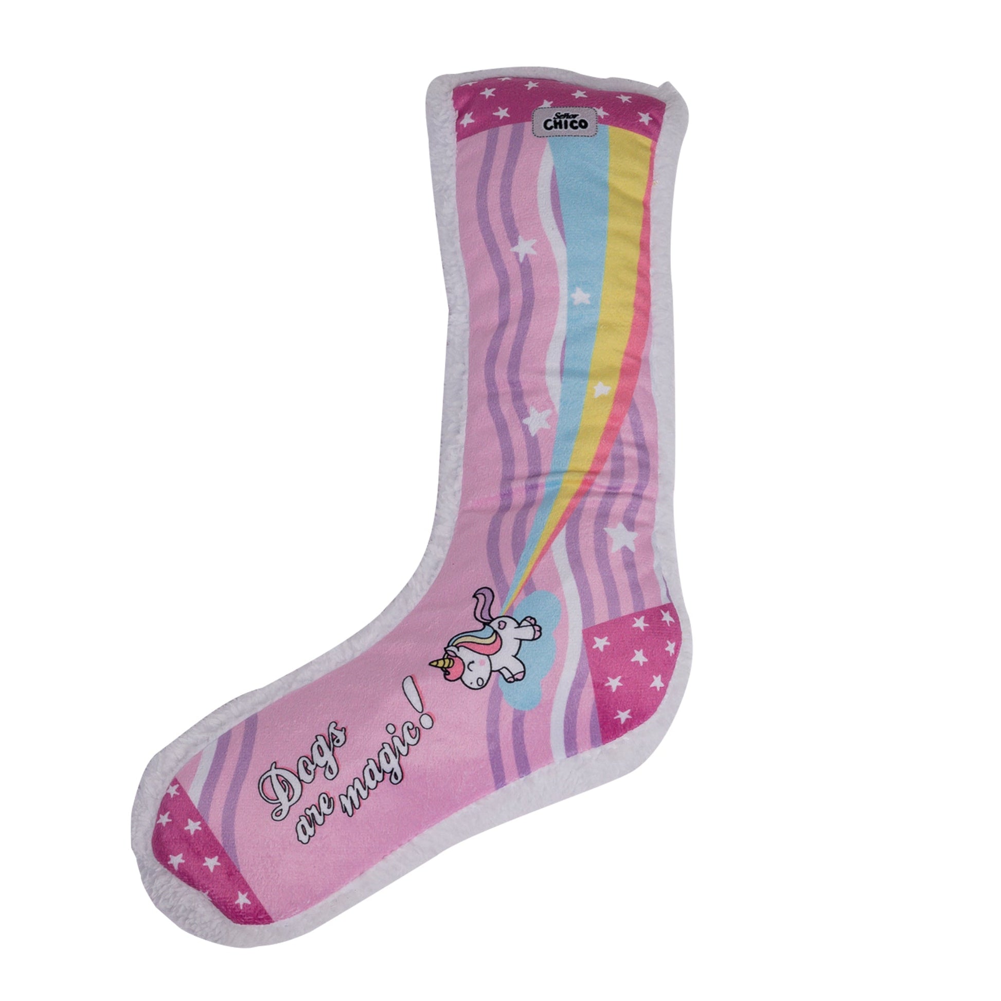 Dog Treats Squeaky Sock Plush Toy Whimsy Wonders Unicorn - size and texture image for dog treats