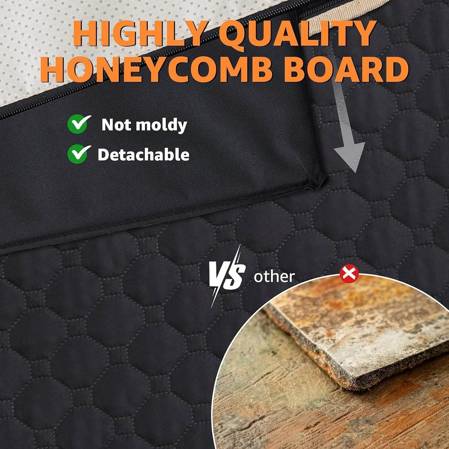 Black backseat cover for large dogs with a detachable honeycomb board that is mold-resistant