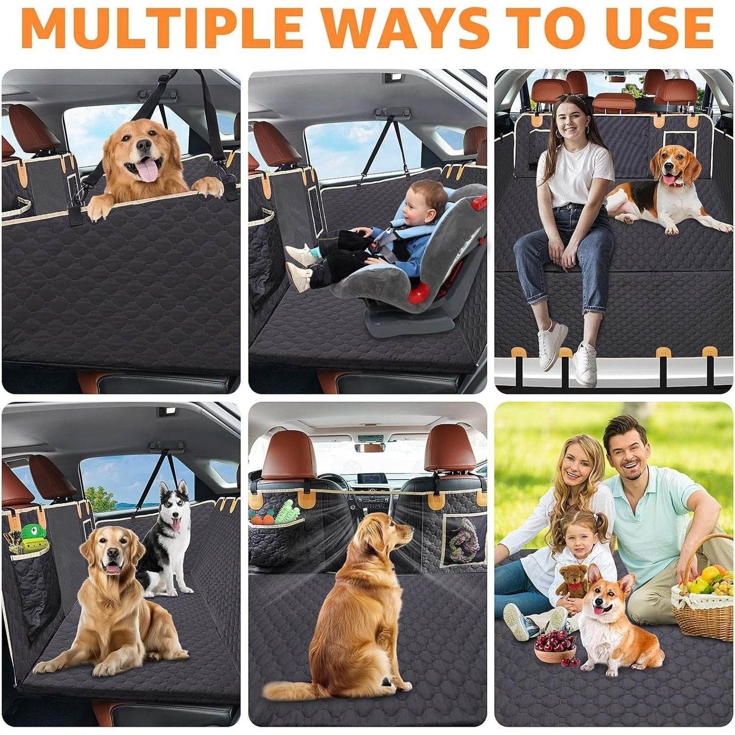 Backseat cover for large dogs by Purrfect Pet Kingdom showing multiple uses with dogs and child in car