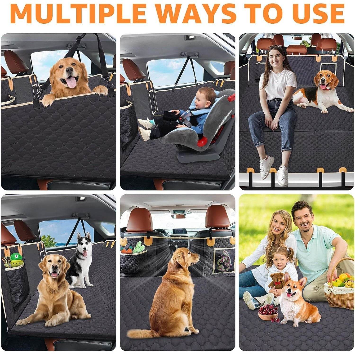 Backseat cover for large dogs by Purrfect Pet Kingdom showing multiple uses with dogs and child in car