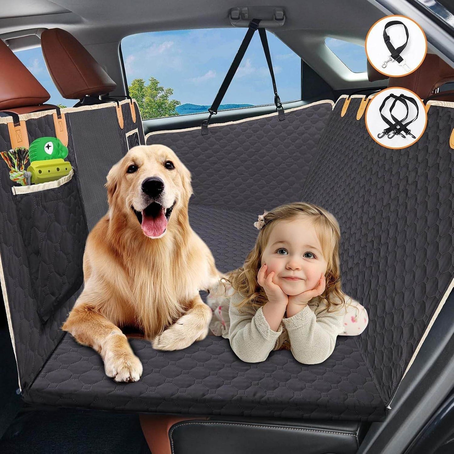 Backseat cover for large dogs installed in car with golden retriever and child sitting on it