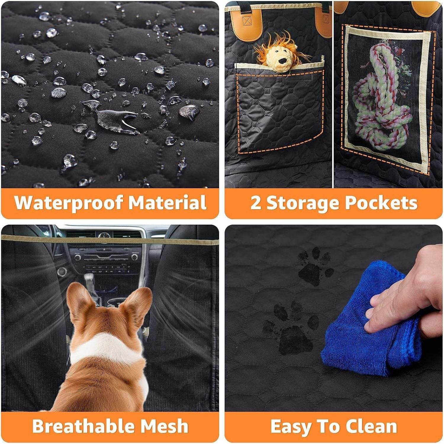 Backseat cover for large dogs by Purrfect Pet Kingdom with waterproof material, storage pockets, breathable mesh, and easy to clean