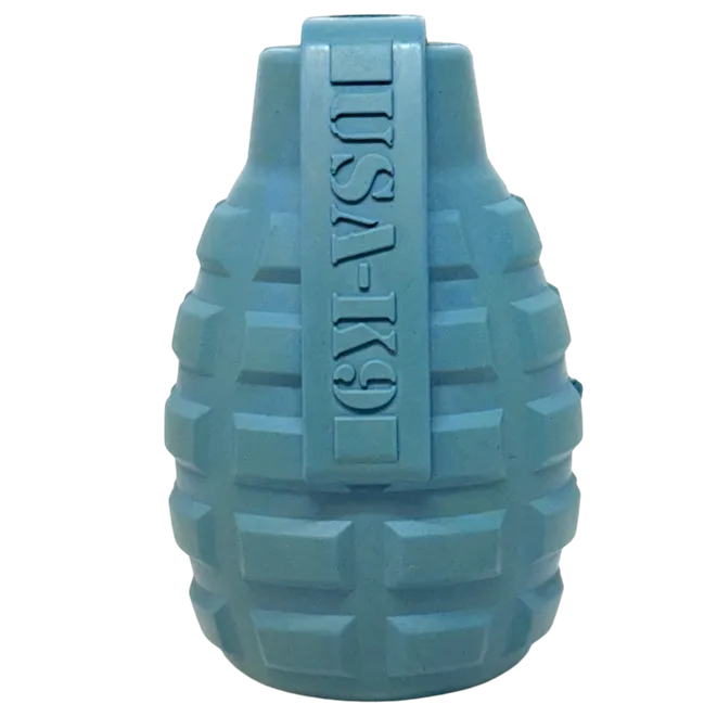 USA-K9 Grenade Rubber Dog Chew Toy by SodaPup in red, medium size, ideal for K9 handlers and playful dogs.