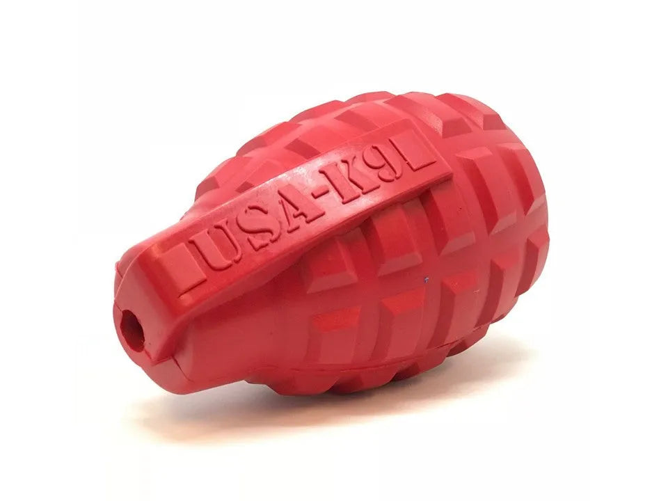 USA-K9 Grenade Rubber Dog Chew Toy by SodaPup in red, medium size, ideal for K9 handlers and playful dogs.