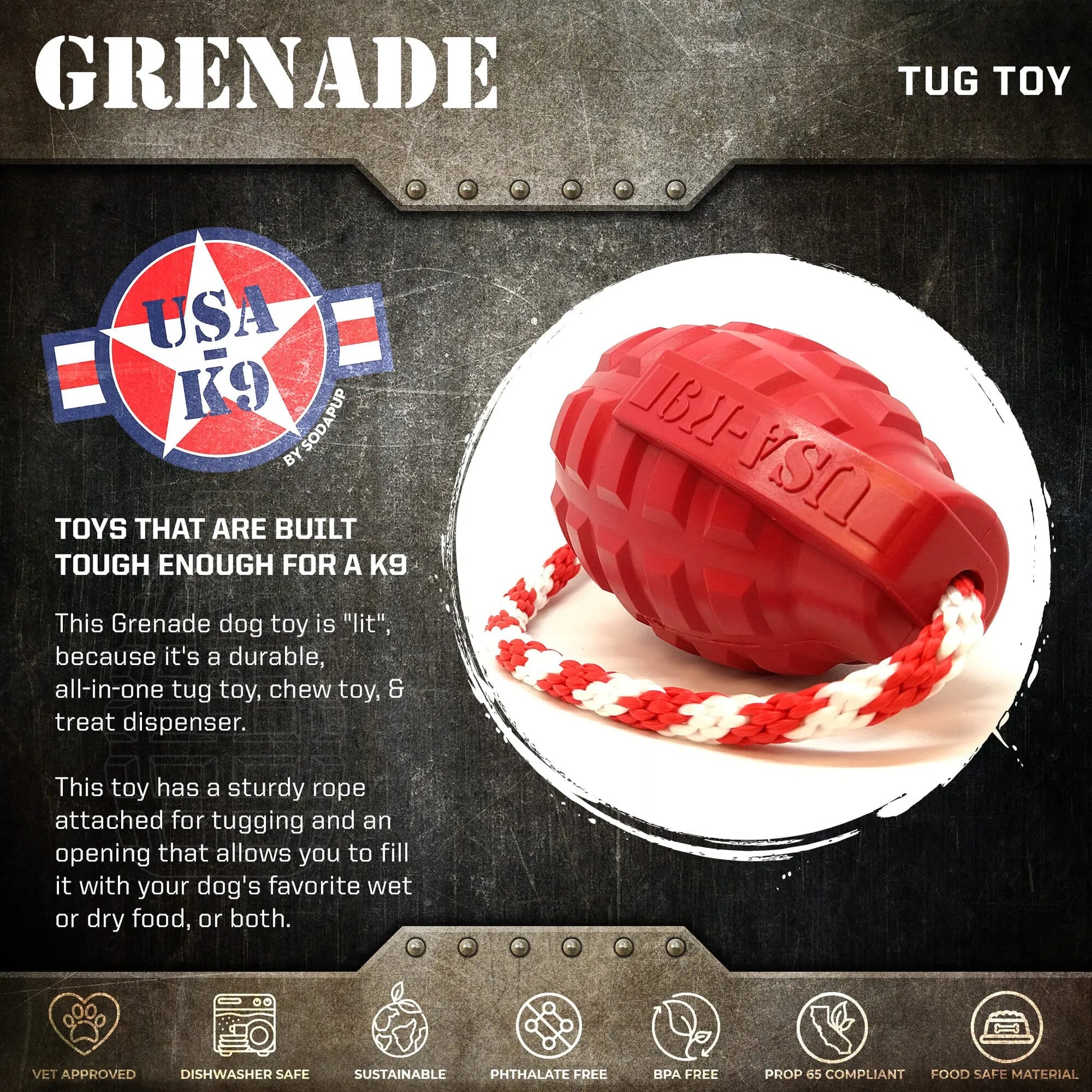 USA-K9 Grenade Shaped Rubber Dog Toy by SodaPup in steel blue, available in medium and large sizes, perfect for chewing an...
