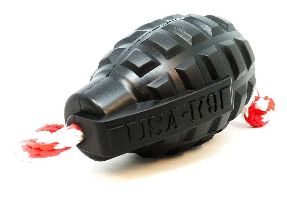 USA-K9 Magnum Grenade in black, medium size, by SodaPup, durable rubber chew toy for extreme chewers, USA made.