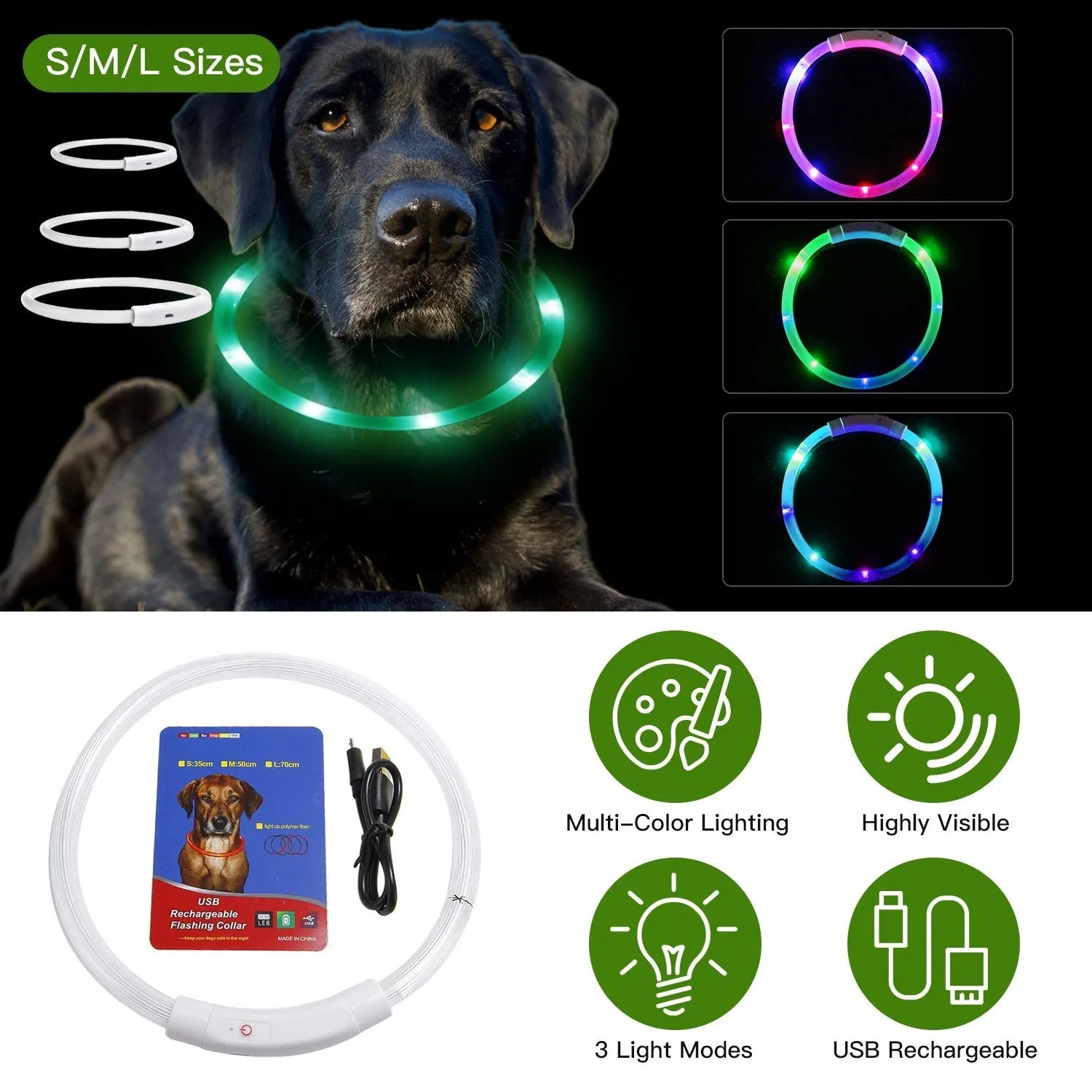 USB Rechargeable LED Dog Collar by GBruno Store, featuring multi-color lighting for small to large dogs, perfect for night...