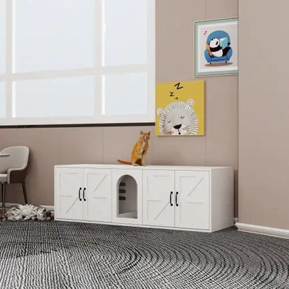 Modern Cat Litter Box Furniture With Double Room, Wooden Cat Litter Box Furniture With Cat Door - Ameraeon