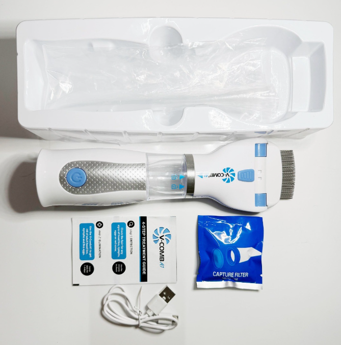 Electric pet flea comb with detachable capture filter and USB charging cable for easy grooming