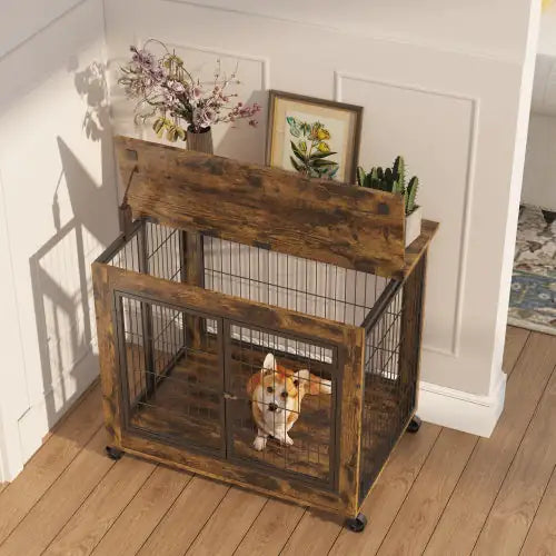 Rolling Rustic Brown Dog Crate Table with Double Doors - Ameraeon