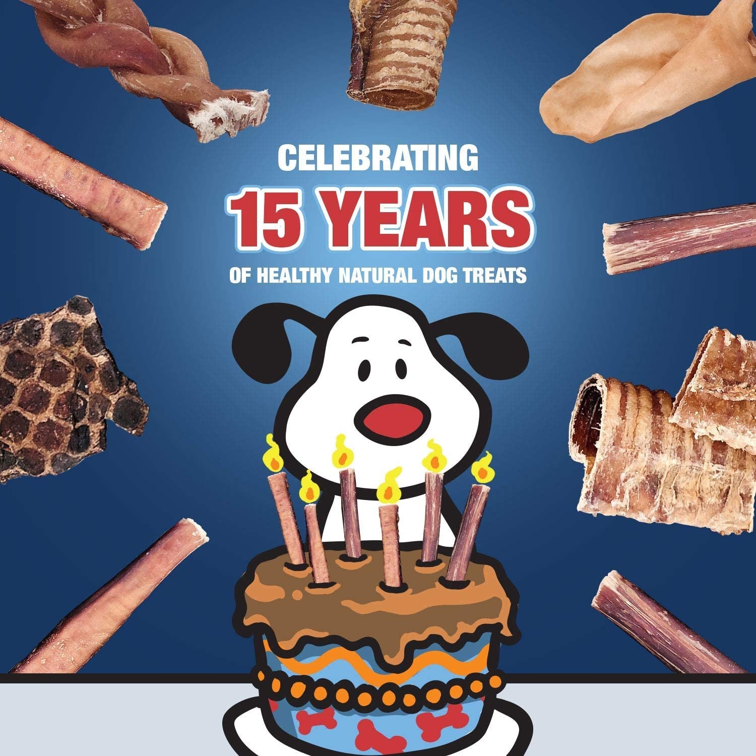 Assorted Purrfect Pet Kingdom healthy dental chews for dogs on a festive background celebrating 15 years