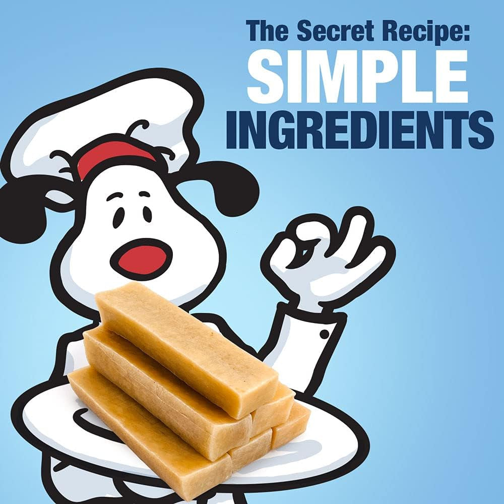 Healthy dental chews for dogs stacked on a blue background featuring a cartoon chef dog
