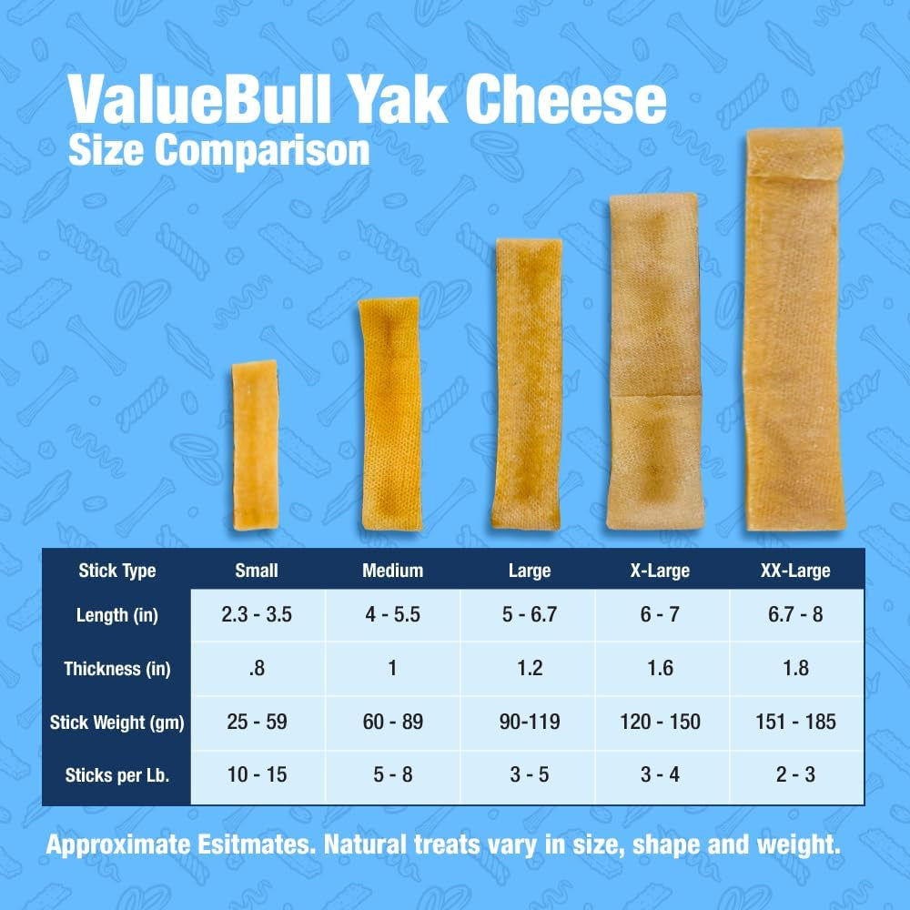 ValueBull Yak Cheese Dog Treats Size Comparison Chart with Healthy Dental Chews for Dogs