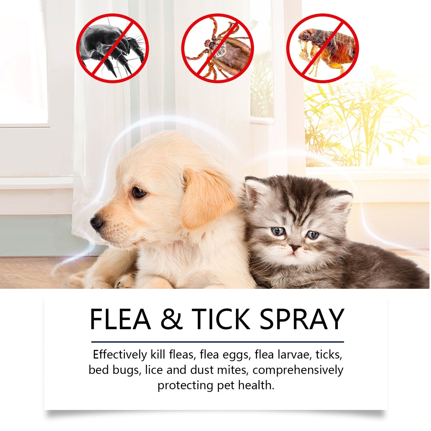 Flea and tick spray for pets designed to effectively kill fleas, eggs, and ticks while protecting pet health